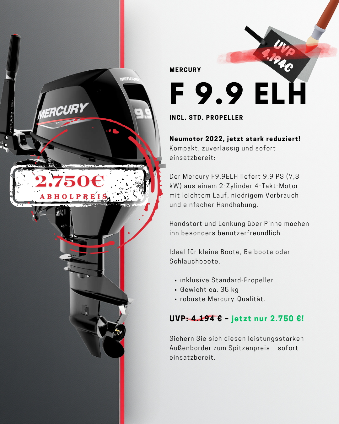 Mercury Außenborder F 9,9 ELH-Langschaft;  absolut sale (Neuware)