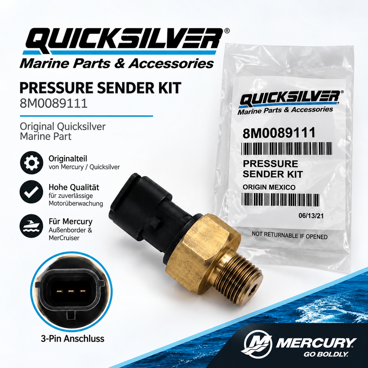 Quicksilver / Mercury Marine Pressure Sender Kit – Drucksensor 3-Pin | 8M0089111 | Neu