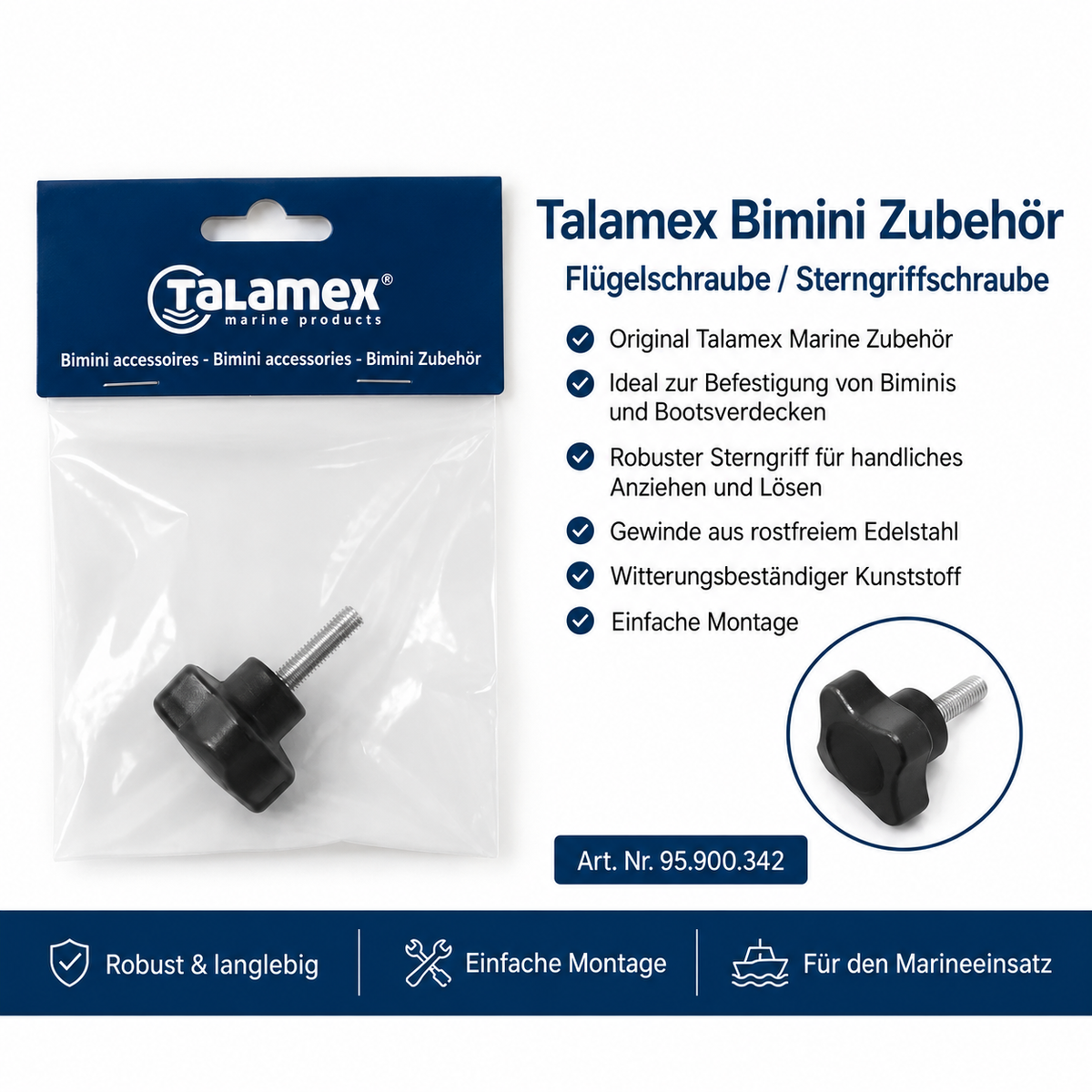 Talamex Bimini Sterngriff-Schraube – Ersatzteil Bootsverdecke | 95.900.342 | Neu