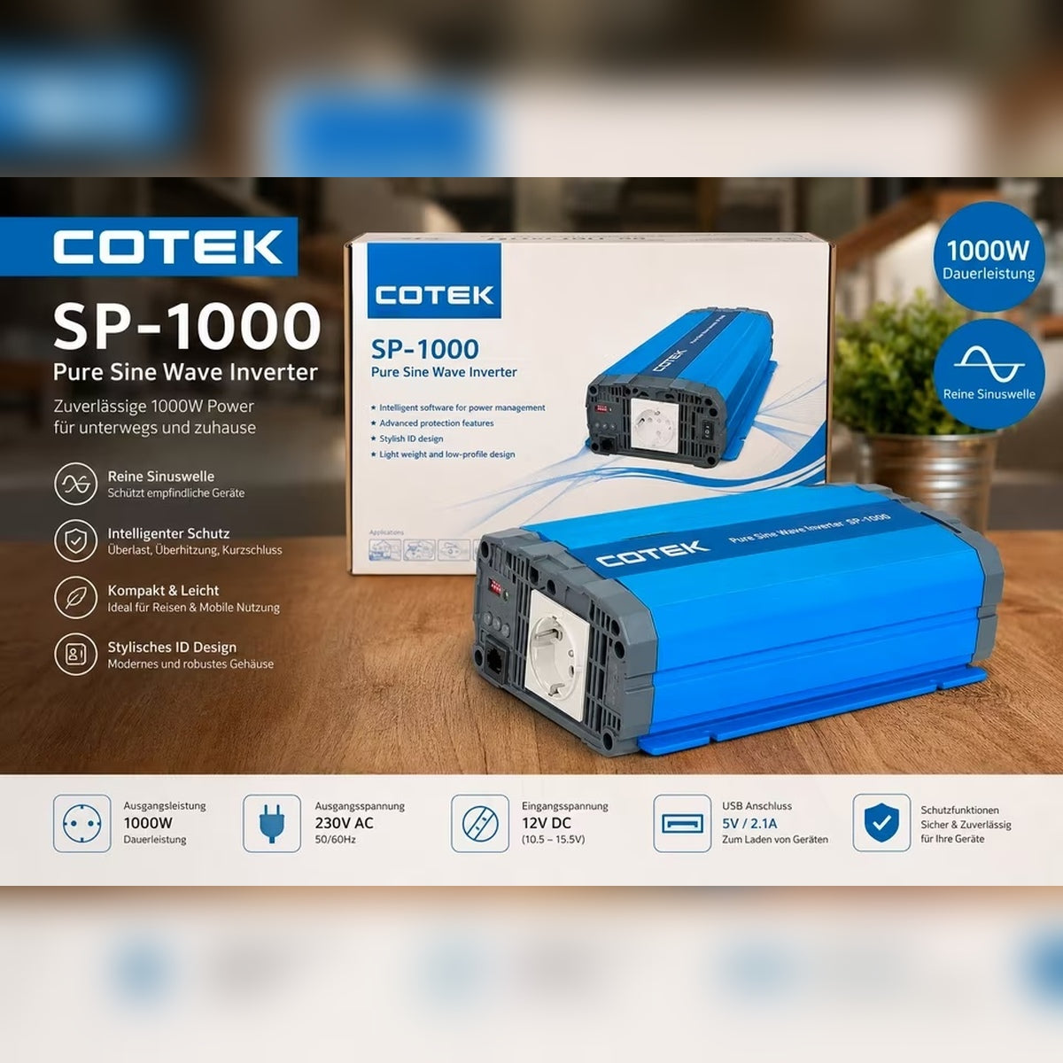 COTEK SP-1000-212 Rein-Sinus-Wechselrichter 1000W für 12V auf 230V